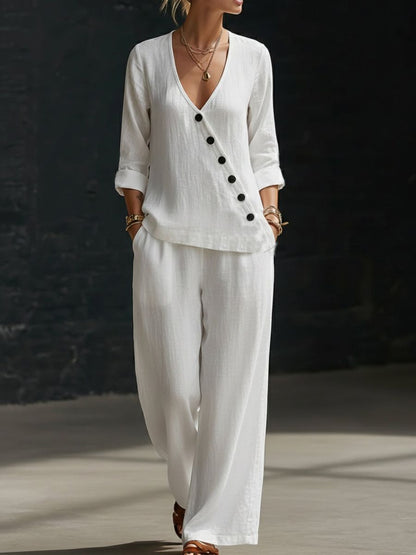 Women's V-Neck Diagonal Button Placket Cotton-Linen Shirt & Wide-Leg Pants Set