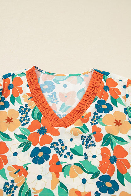 Threaded Pear Lily Print Bracelet Sleeve Blouse