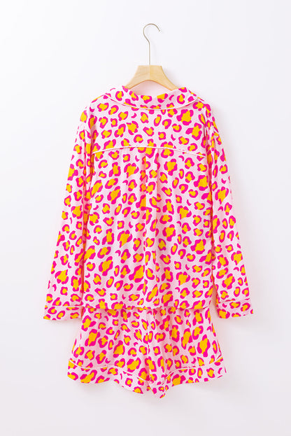 Threaded Pear Leopard Long Sleeve Shirt and Shorts Pajama Set