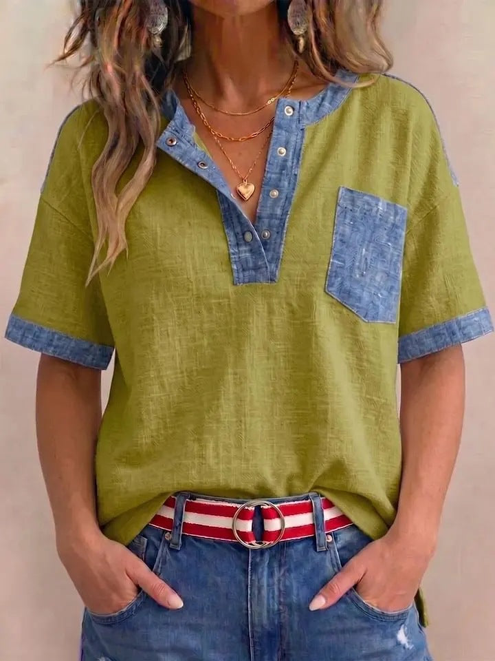 Women's Casual Loose-Fit Color-Block Patchwork Short-Sleeve Top