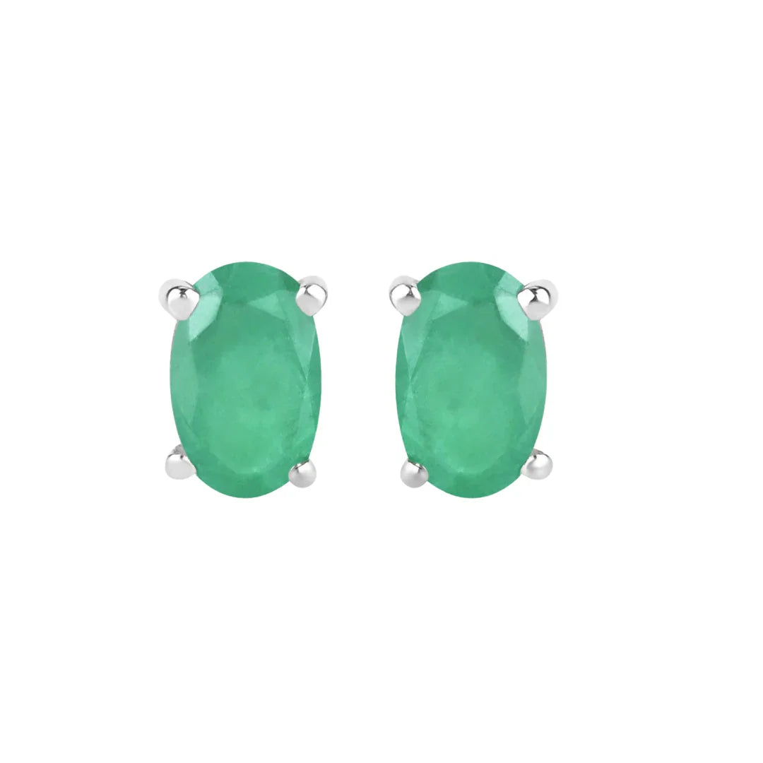 0.38 Ct Oval Green Zambian Emerald Prong 10K Gold Stud Earrings