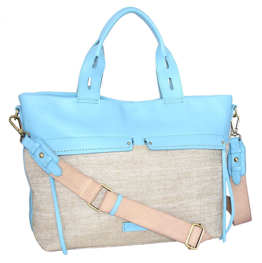 Emelia Linen/Leather Tote in Sky Blue