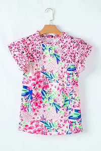 Threaded Pear Keyla Floral Mixed Ruffle Cap Sleeve Blouse