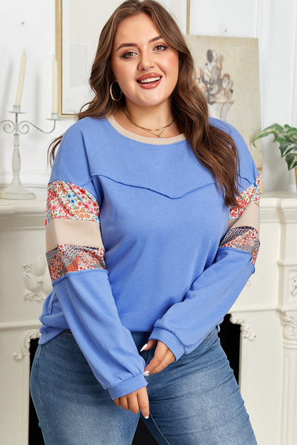 Threaded Pear Khaki Exposed Seam Floral Mixed Patchwork Relaxed Plus Size Top