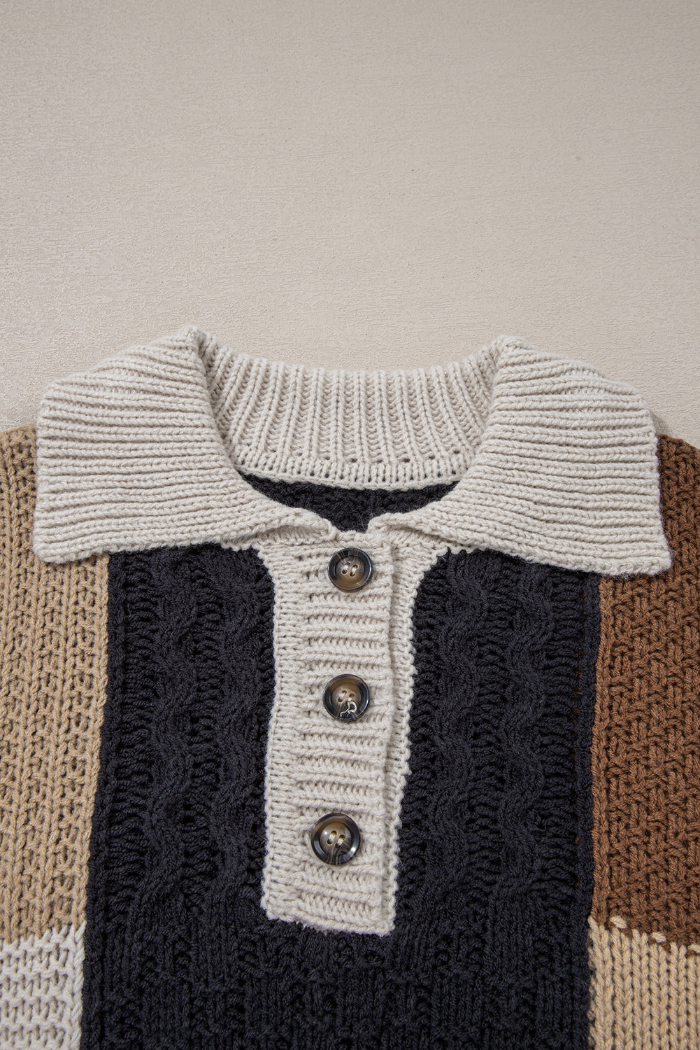 Threaded Pear Paige Cable Knit Sleeve Buttons Collared Sweater