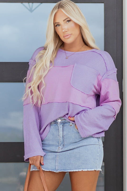 Threaded Pear Sawyer Contrast Textured Patchwork Long Sleeve Top