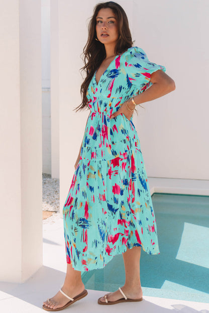 Threaded Pear Roselyn Abstract Short Puff Sleeve Tiered Maxi Dress
