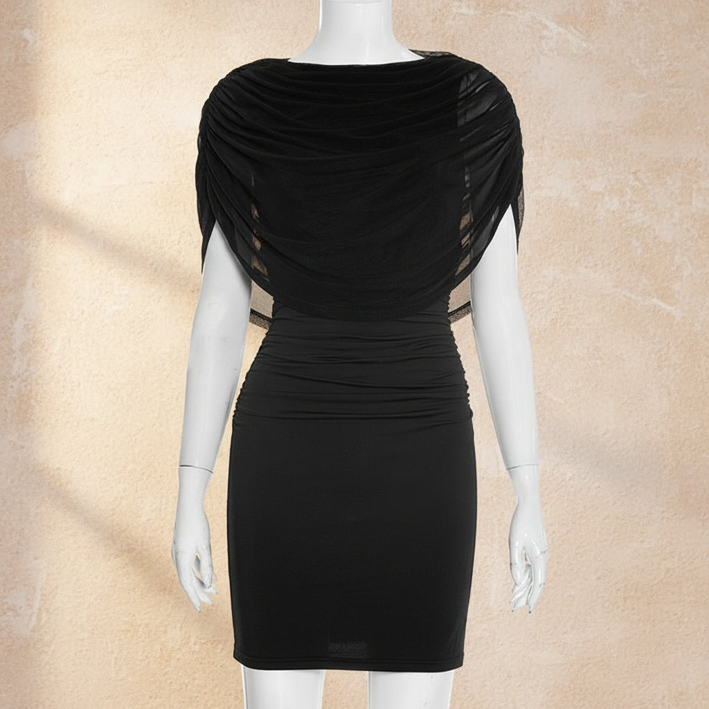 black mesh bodycon midi dress LOVICK STRAIGHT NECK PADDED BUST LONG SLEEVE RUCHED MESH MIDI DRESS