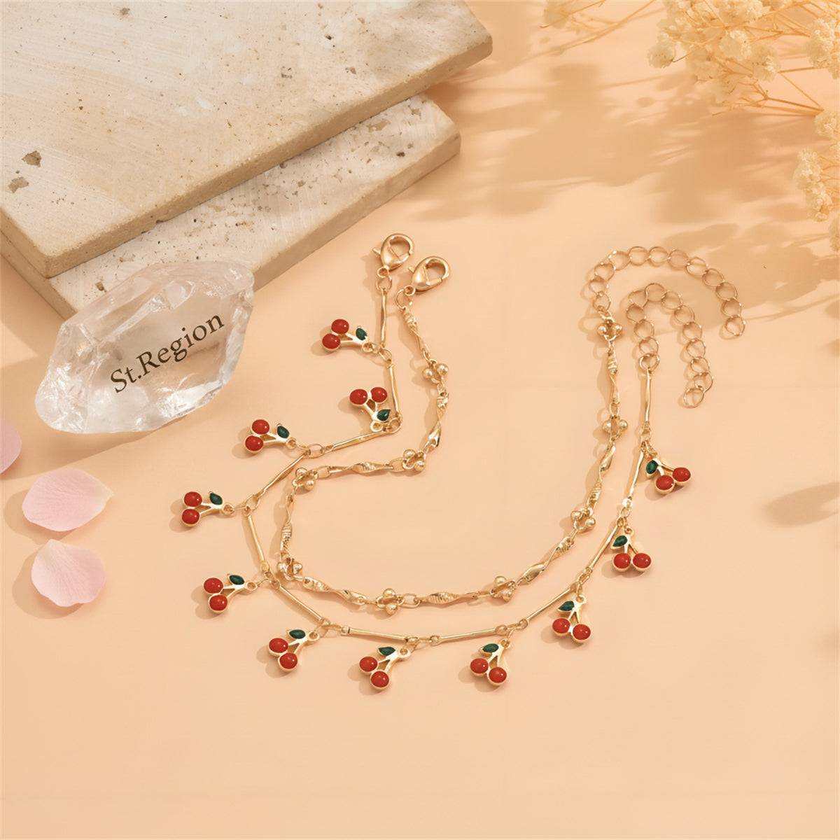 Red Enamel & Goldtone Cherry Tassel Anklet Set