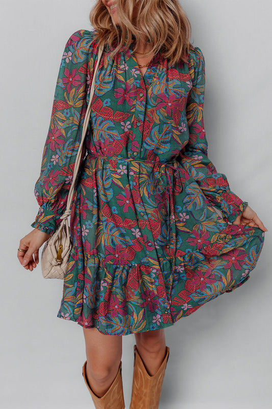 Threaded Pear Maria Floral V Neck Puff Sleeve Dress