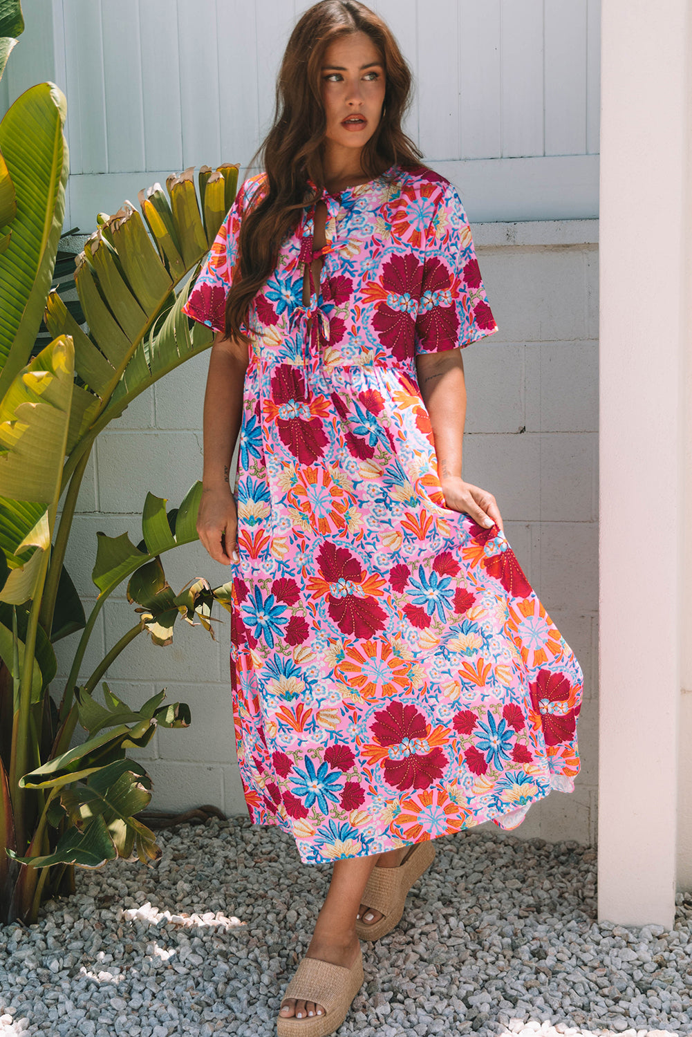 Threaded Pear Hannah Floral Tied Front High Waist Long Dress