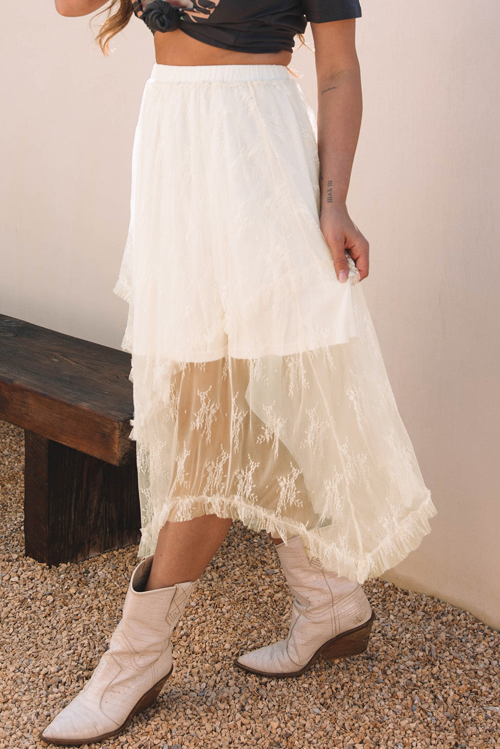 Threaded Pear Aliza Lace Cascading Tiered High Waist Maxi Skirt