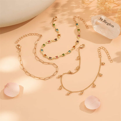 Multi-Colored Crystal & Goldtone Square Station Bell Tassel Anklet Set