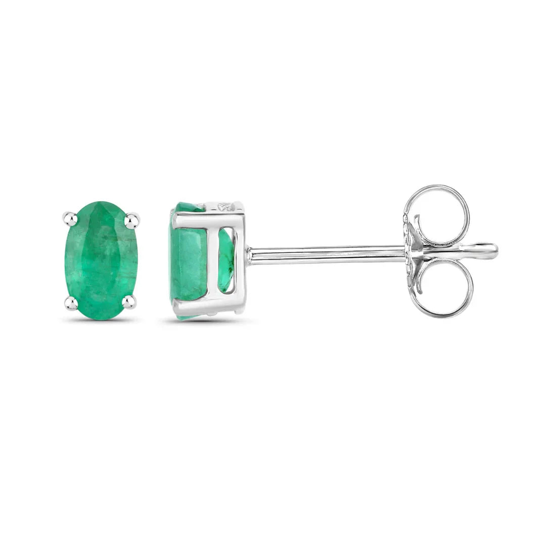 0.38 Ct Oval Green Zambian Emerald Prong 10K Gold Stud Earrings