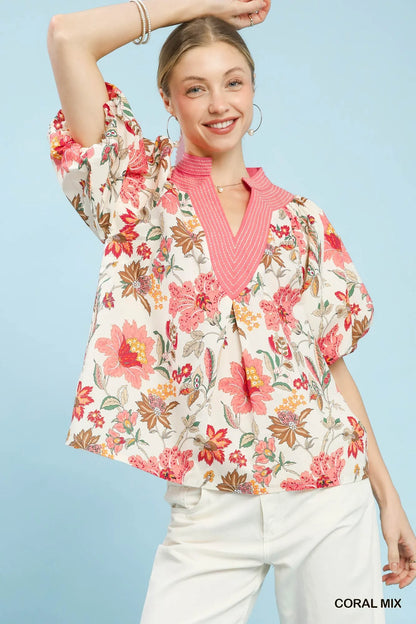 Umgee Mix Floral Puff Sleeve Blouse in Coral