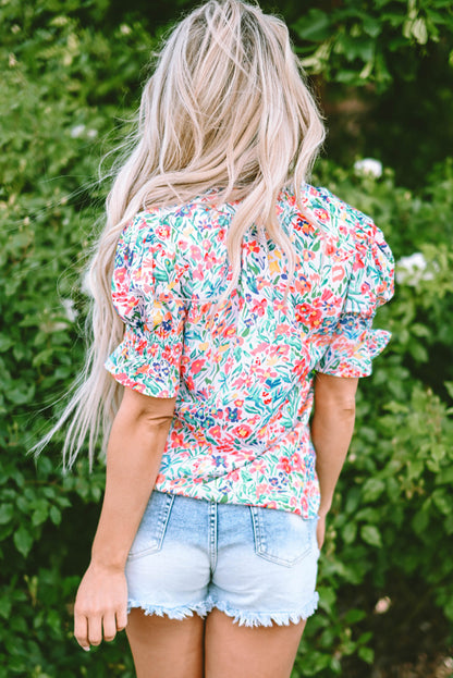 Threaded Pear Azaria Floral Print Button Split Neck Puff Sleeve Blouse