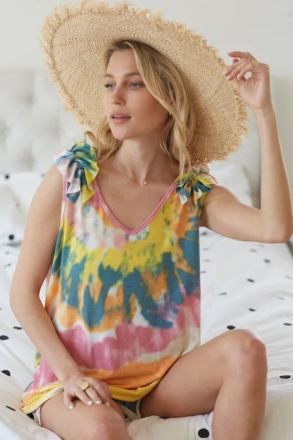 BiBi Circular Tie Dye Knit V Neck Top With Ruffle
