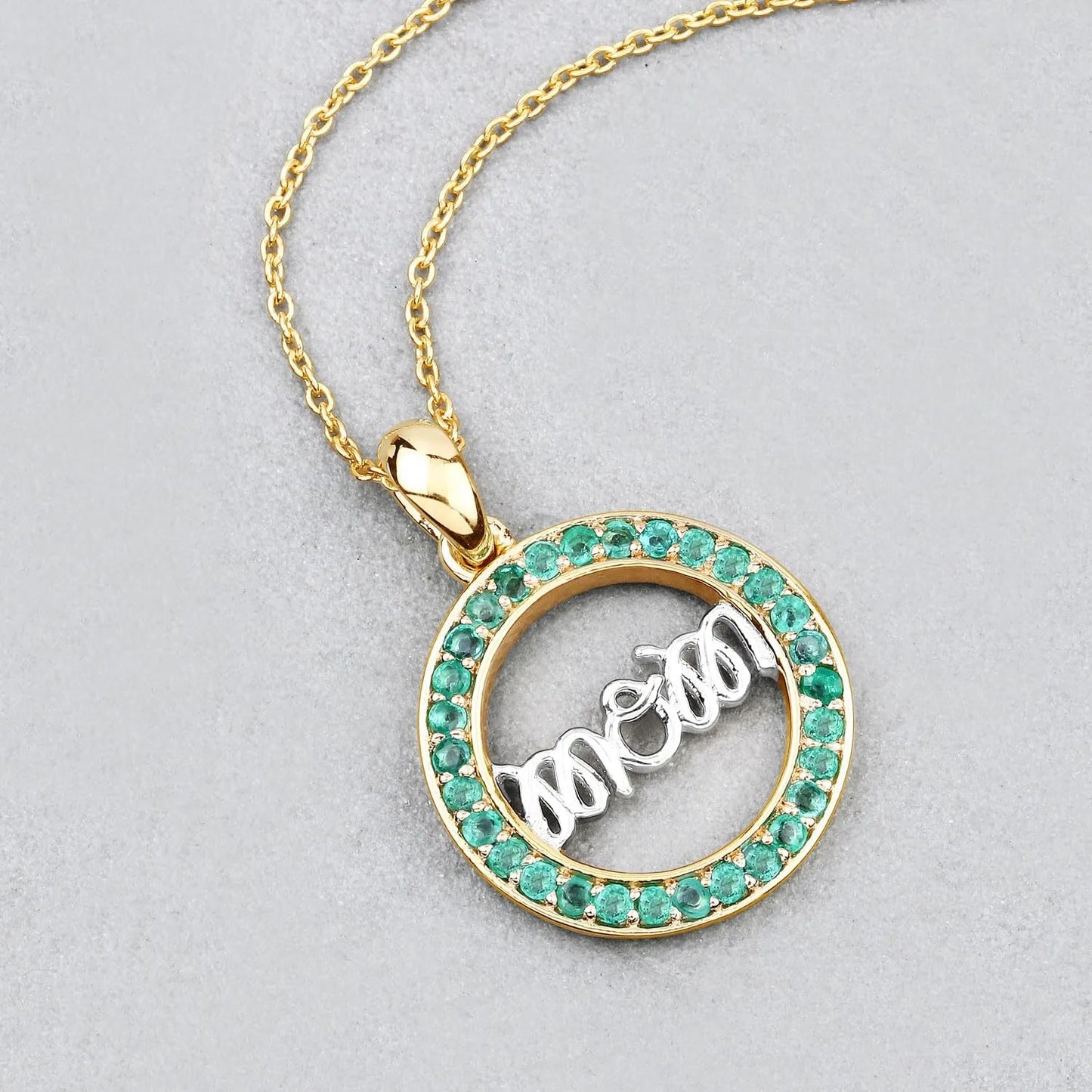 Round Green Emerald Prong Gold Plated Silver Mom Circle Pendant Necklace