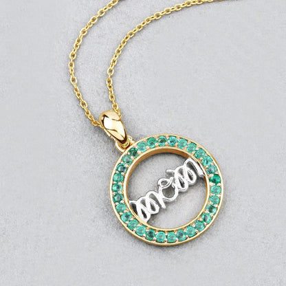 Round Green Emerald Prong Gold Plated Silver Mom Circle Pendant Necklace