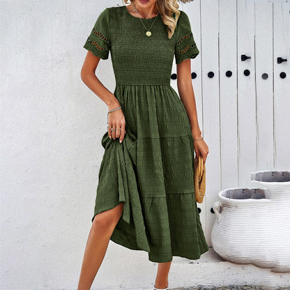 Spring and Summer Solid Color Temperament With a Pleated Hollow Dress