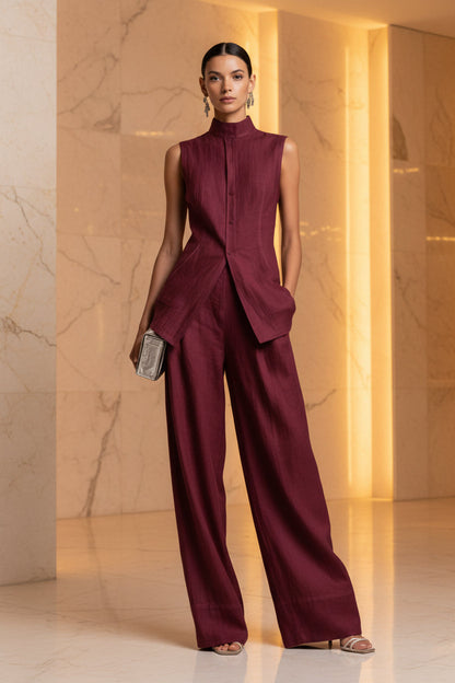 Women's Stand Collar Longline Vest Top & Wide-Leg Trousers Two-Piece Set