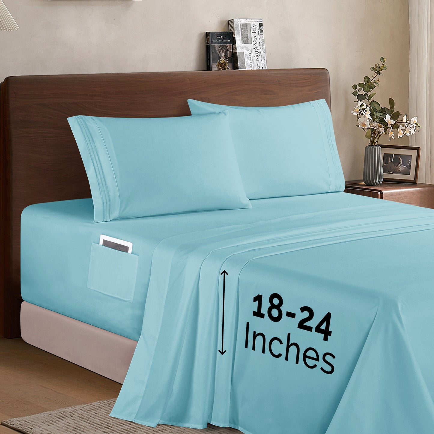 Mocassi Extra deep 18-24 Inch Pocket 3 Line Embroidery, 4-Piece Sheet Set, Bright Shades
