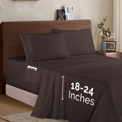 Mocassi Extra deep 18-24 Inch Pocket 3 Line Embroidery, 4-Piece Sheet Set, Moody Shades