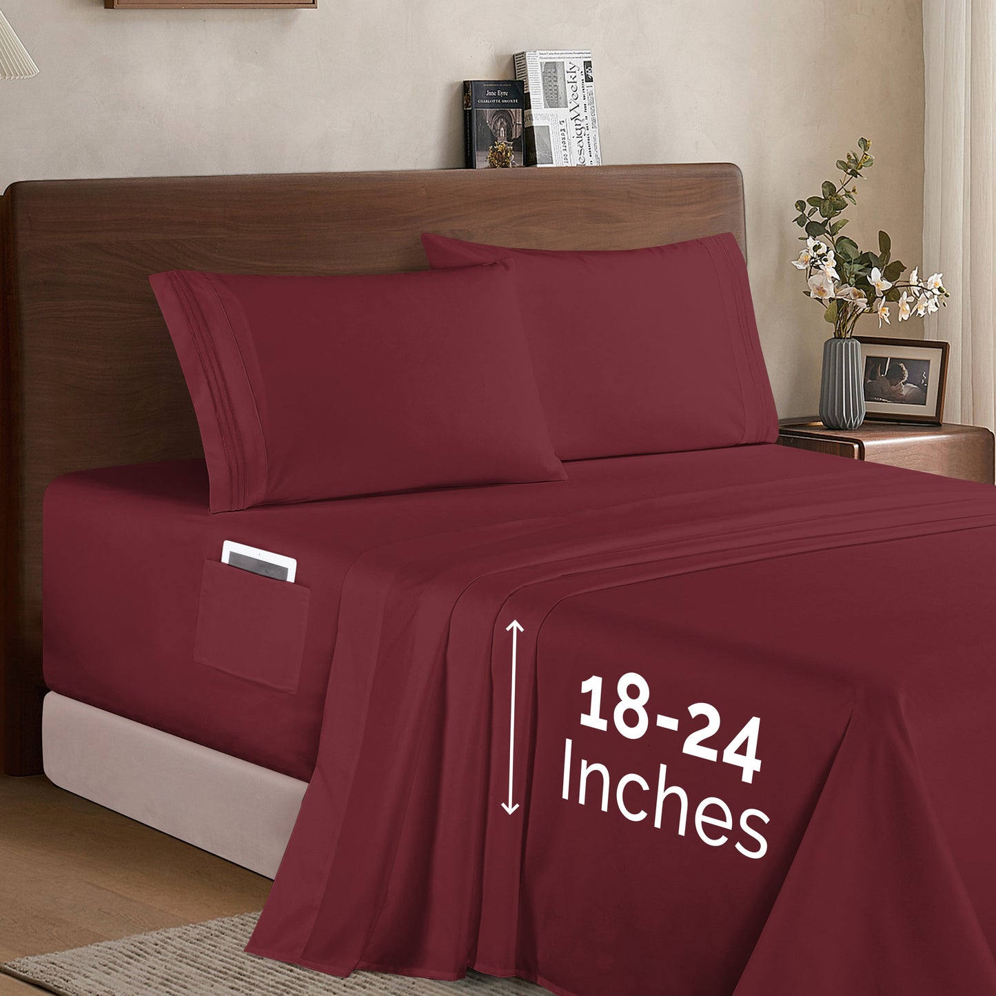 Mocassi Extra deep 18-24 Inch Pocket 3 Line Embroidery, 4-Piece Sheet Set, Moody Shades