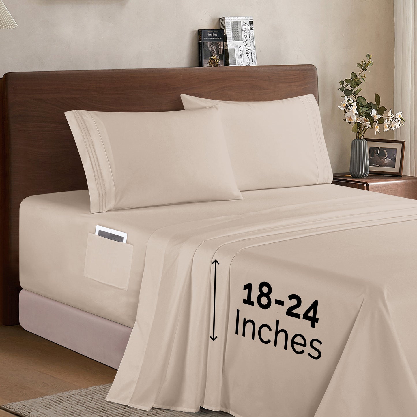 Mocassi Extra deep 18-24 Inch Pocket 3 Line Embroidery, 4-Piece Sheet Set, Bright Shades