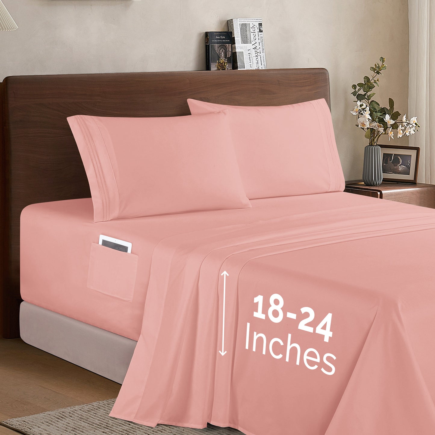 Mocassi Extra deep 18-24 Inch Pocket 3 Line Embroidery, 4-Piece Sheet Set, Bright Shades