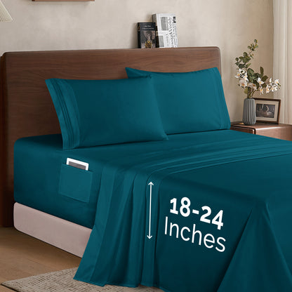 Mocassi Extra deep 18-24 Inch Pocket 3 Line Embroidery, 4-Piece Sheet Set, Moody Shades