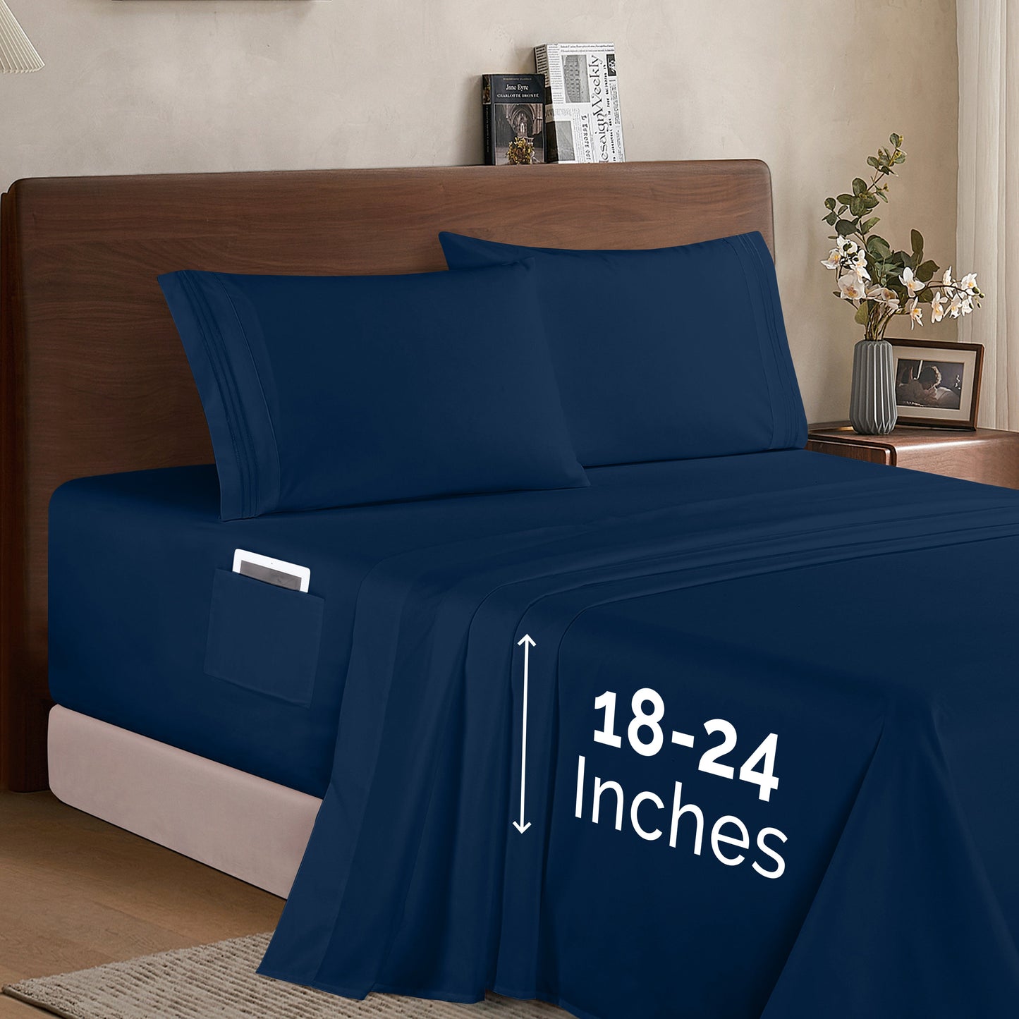Mocassi Extra deep 18-24 Inch Pocket 3 Line Embroidery, 4-Piece Sheet Set, Moody Shades