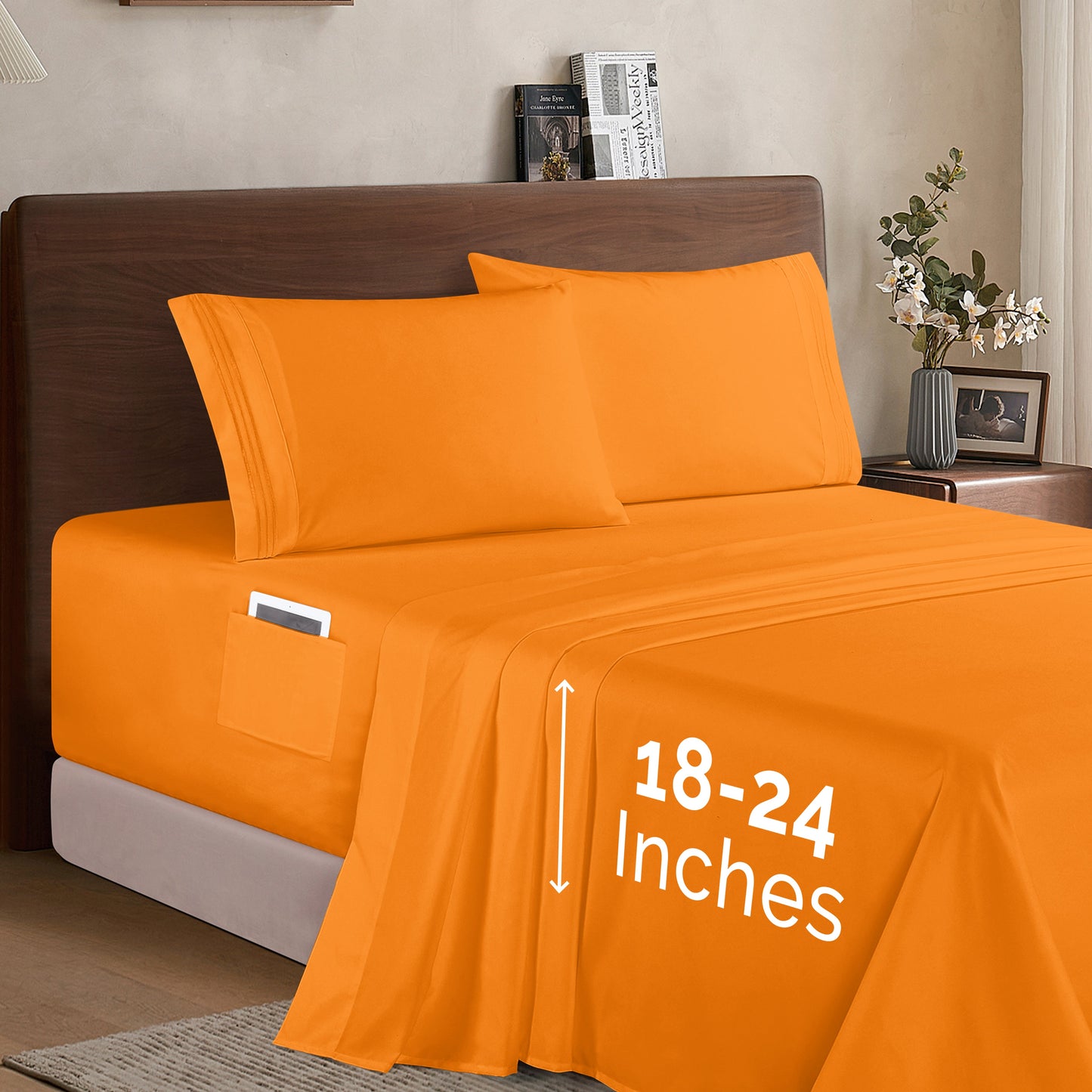 Mocassi Extra deep 18-24 Inch Pocket 3 Line Embroidery, 4-Piece Sheet Set, Bright Shades
