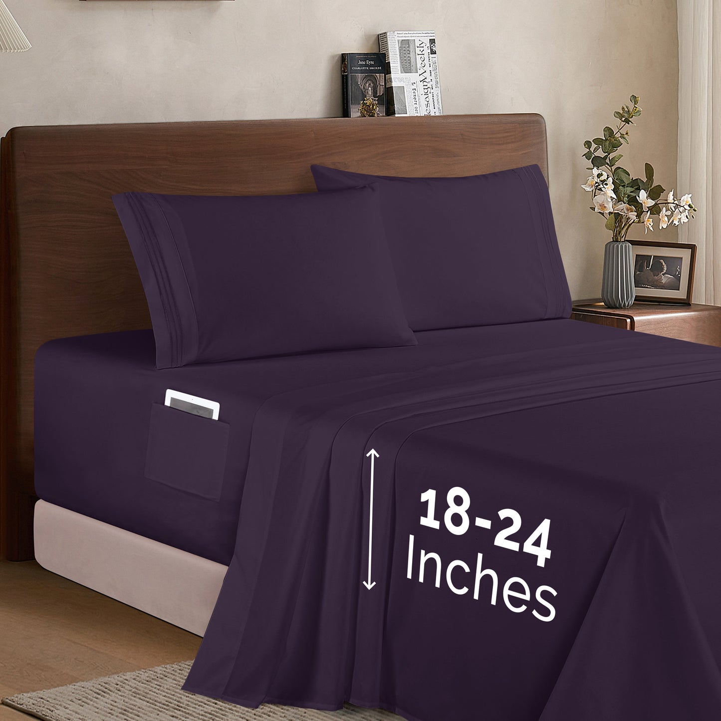 Mocassi Extra deep 18-24 Inch Pocket 3 Line Embroidery, 4-Piece Sheet Set, Moody Shades