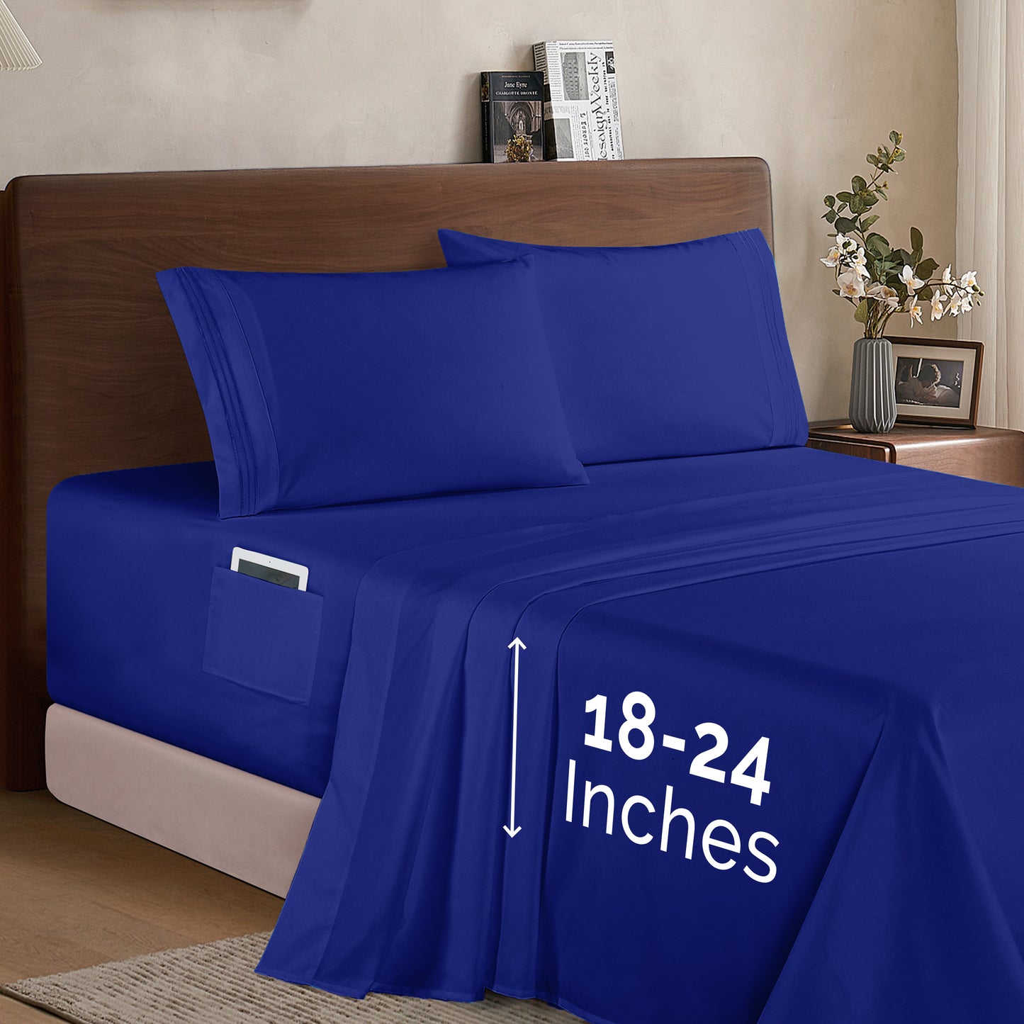 Mocassi Extra deep 18-24 Inch Pocket 3 Line Embroidery, 4-Piece Sheet Set, Moody Shades