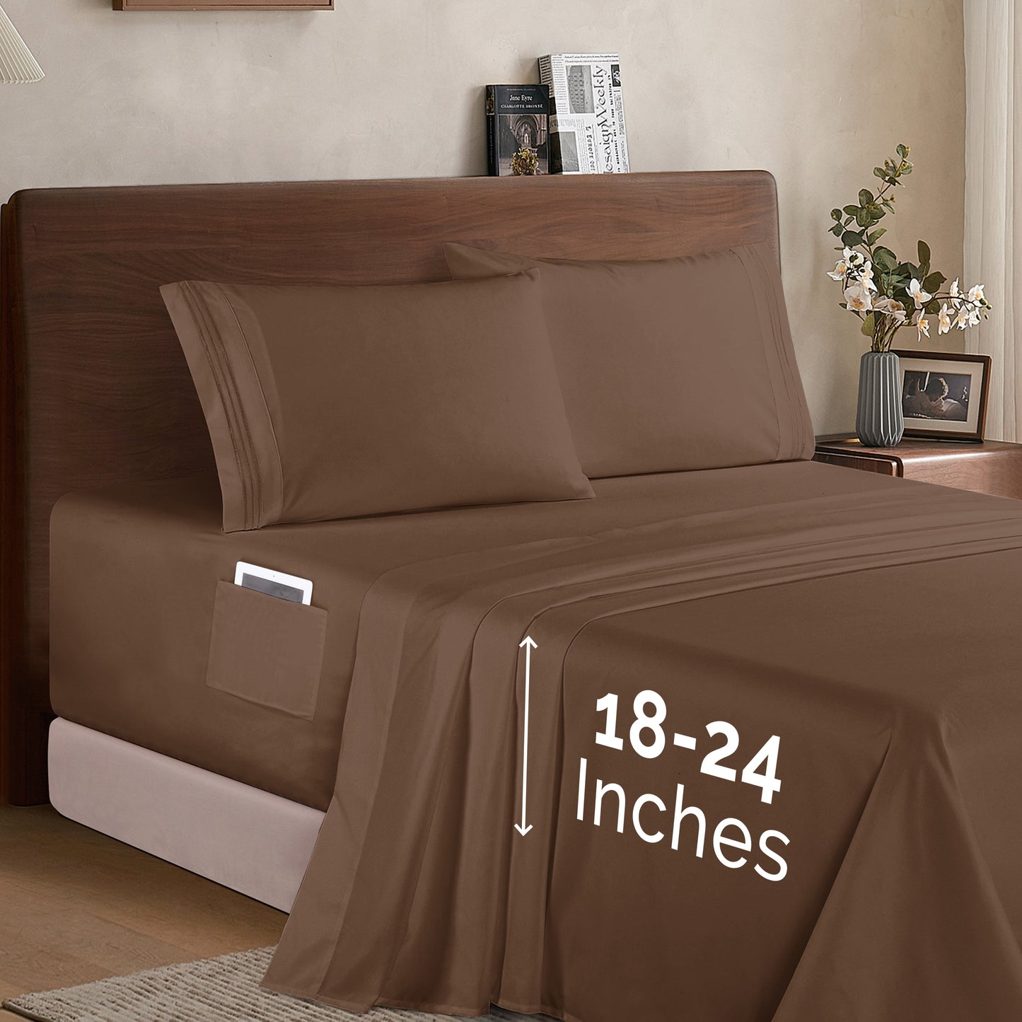 Mocassi Extra deep 18-24 Inch Pocket 3 Line Embroidery, 4-Piece Sheet Set, Moody Shades