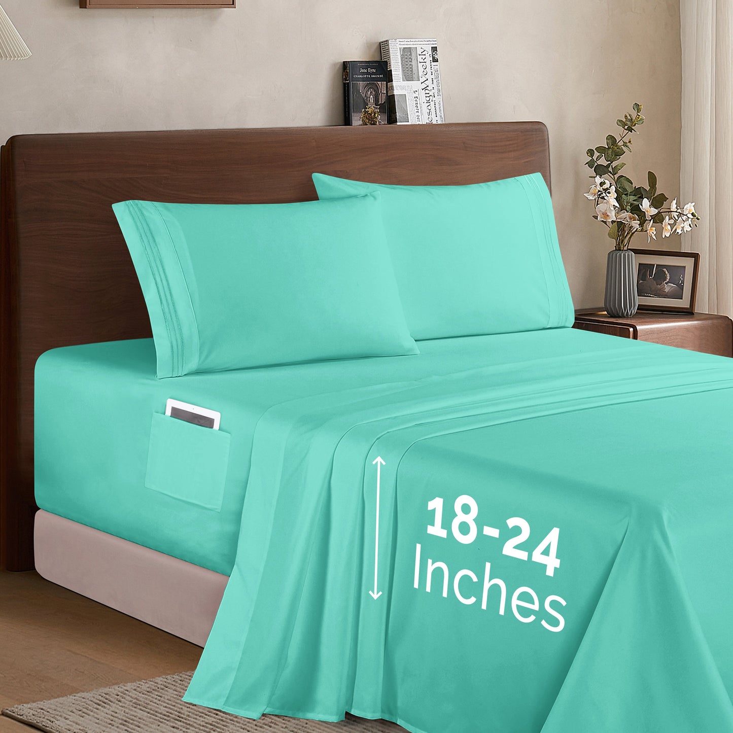 Mocassi Extra deep 18-24 Inch Pocket 3 Line Embroidery, 4-Piece Sheet Set, Bright Shades