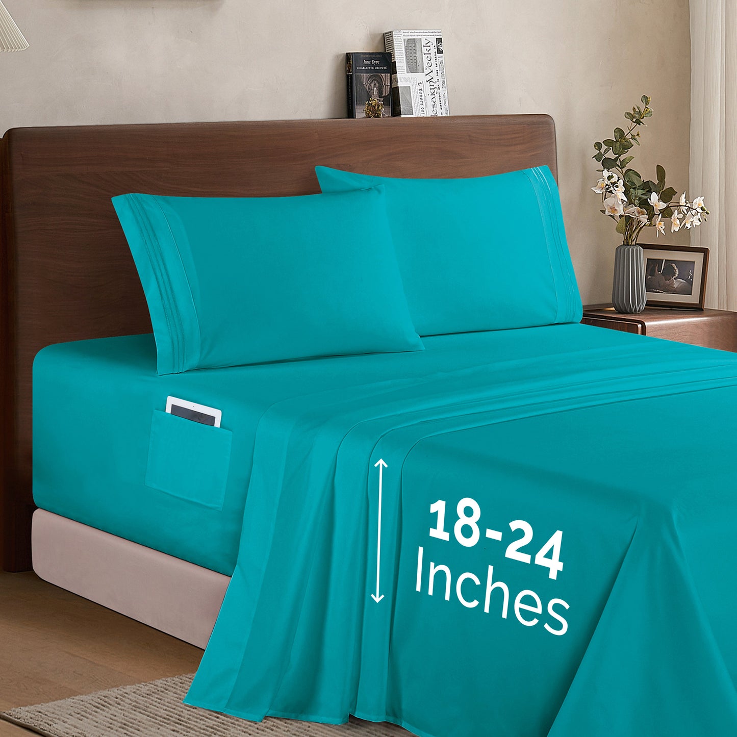 Mocassi Extra deep 18-24 Inch Pocket 3 Line Embroidery, 4-Piece Sheet Set, Moody Shades
