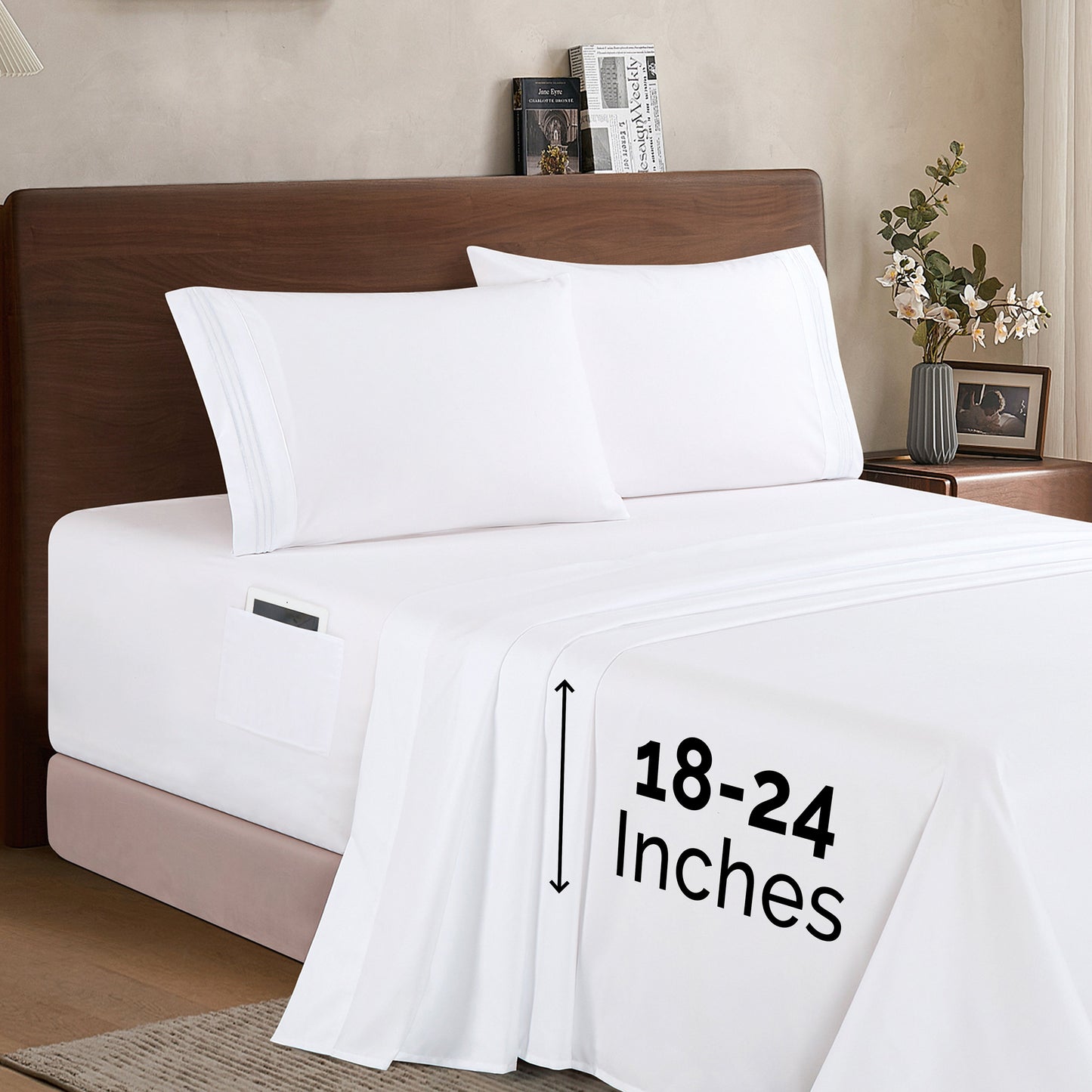 Mocassi Extra deep 18-24 Inch Pocket 3 Line Embroidery, 4-Piece Sheet Set, Bright Shades