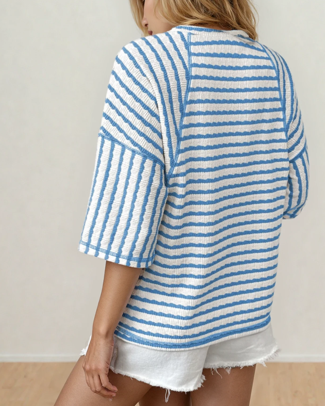 Noelle Textured Knit Split Hem Half Sleeve Loose Top - Sky Blue