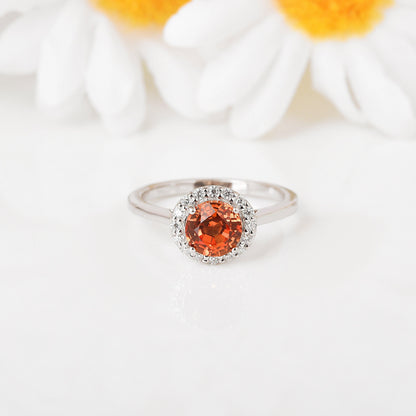 1.33 Ct Round Lab Created Peach Sapphire and Moissanite Prong Silver Halo Statement Ring