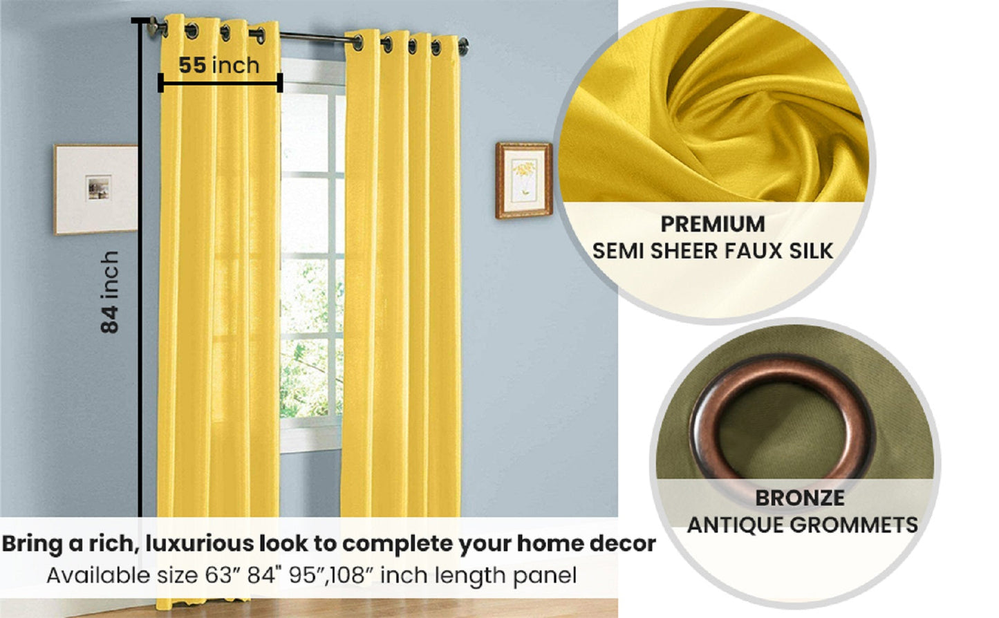 J&V TEXTILES 2 Panels Solid Grommet Faux Silk Window Curtain Drapes Treatment in 84" Length