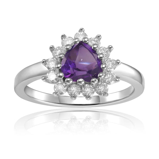 1.01 Ct Heart Purple Amethyst and White Topaz Prong Silver Halo Engagement Ring
