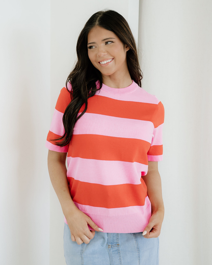Striped Knitted Sweater Tee - Pink