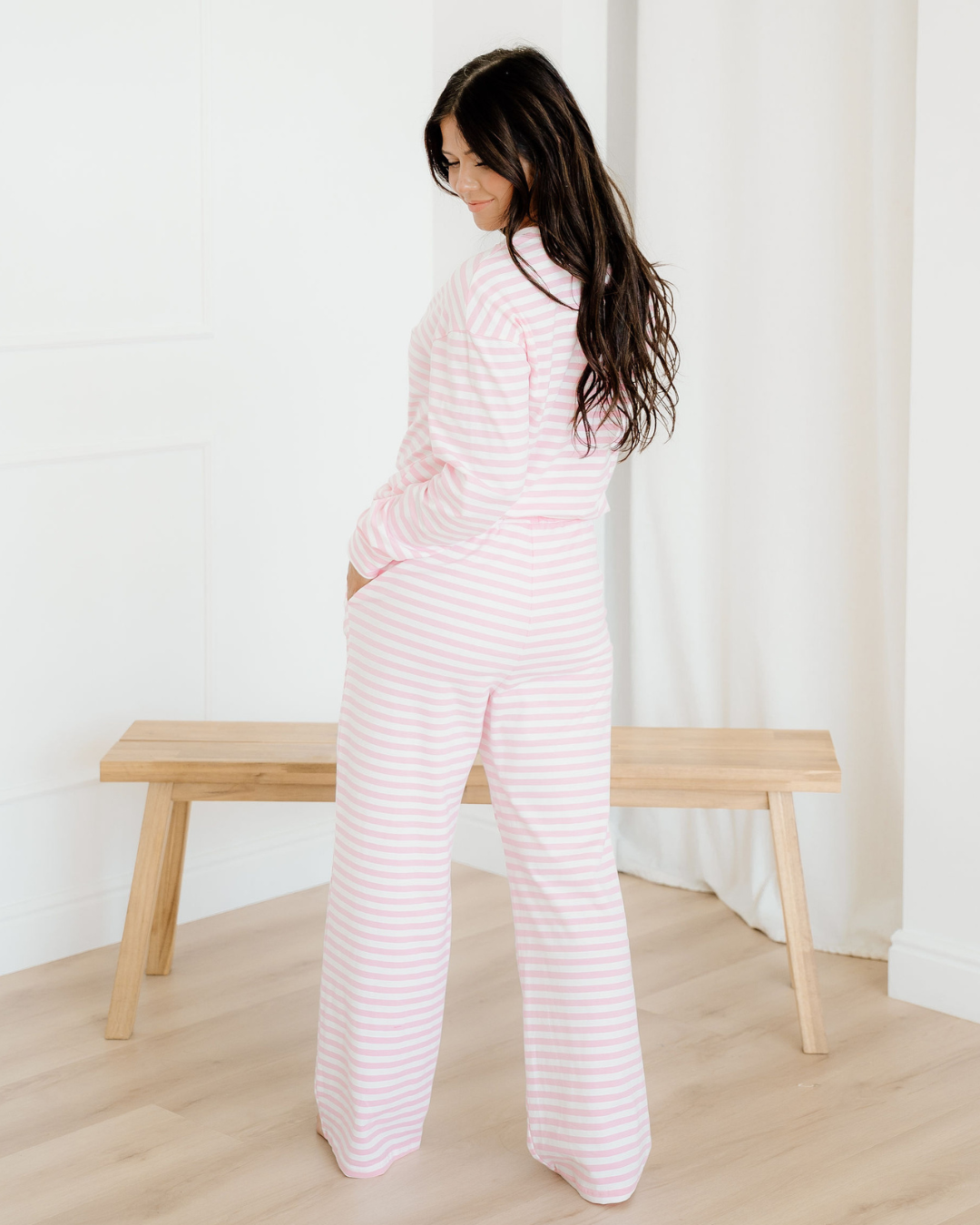 Thea Stripe Drop Shoulder Round Neck Top and Buttoned Straight Pants Two Piece Set