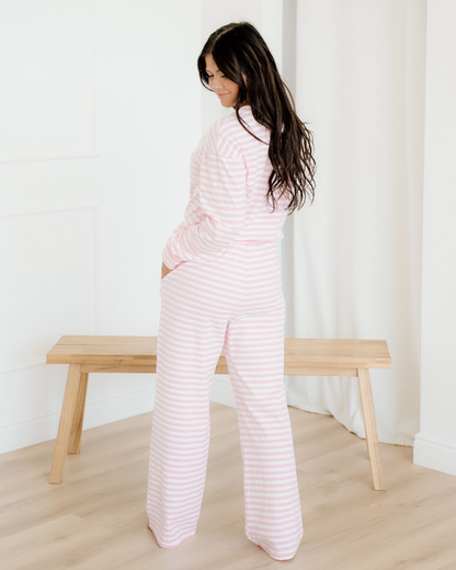 Thea Stripe Drop Shoulder Round Neck Top and Buttoned Straight Pants Two Piece Set