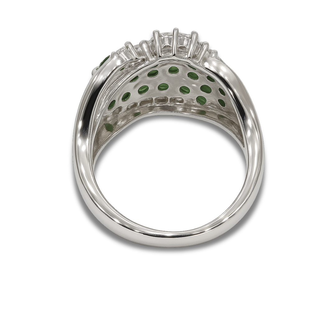 7.26 Ct Round Green Tsavorite Garnet and White Topaz Prong Silver Cluster Ring