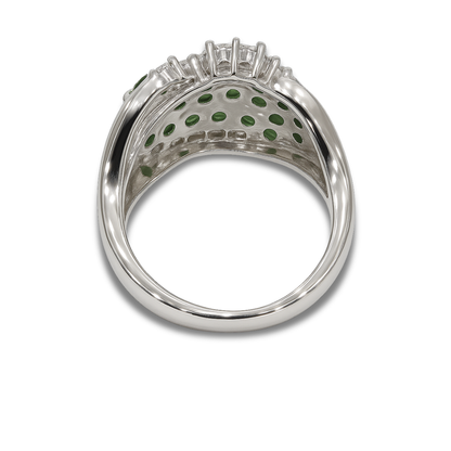 7.26 Ct Round Green Tsavorite Garnet and White Topaz Prong Silver Cluster Ring