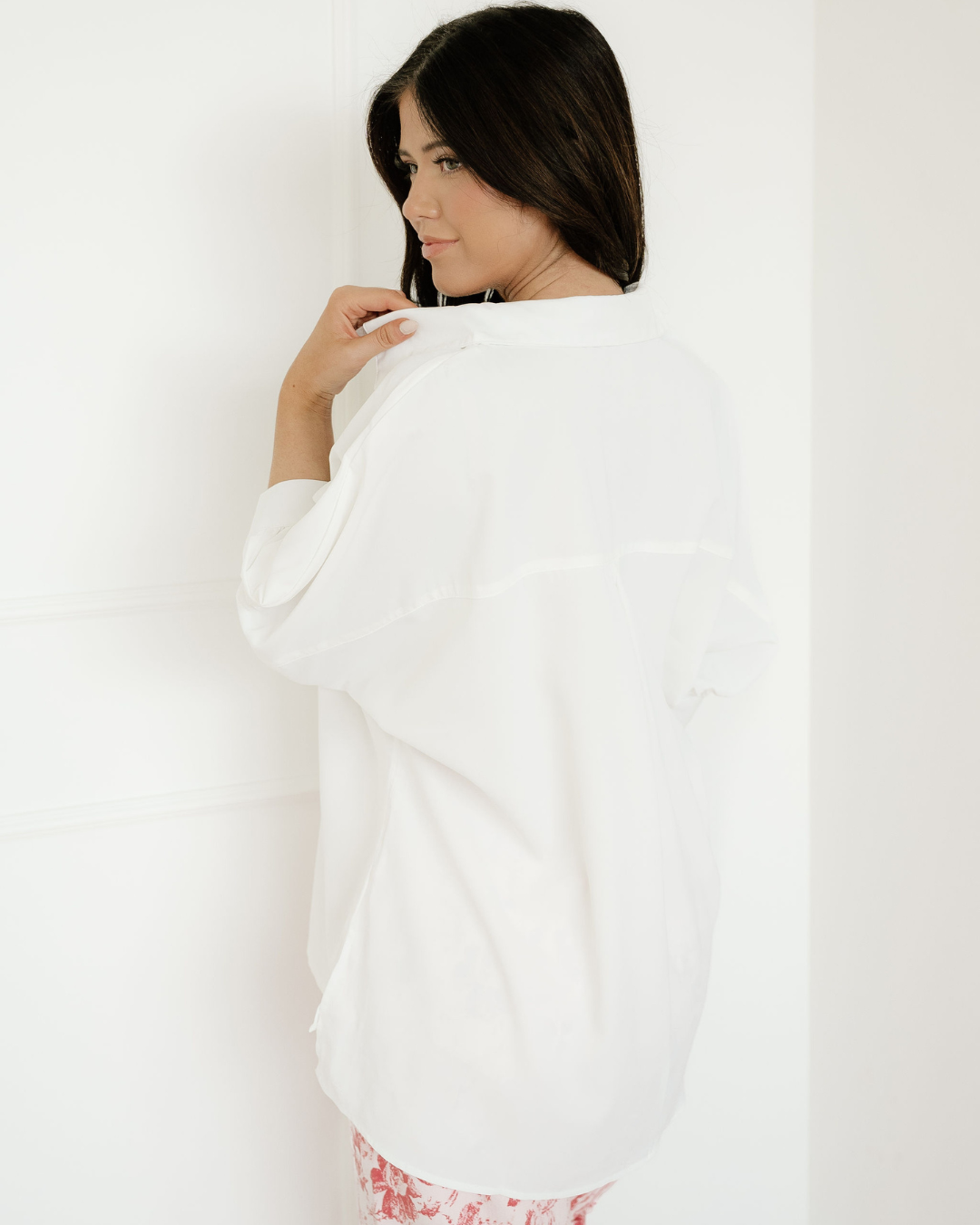 Wrenlee Plain 3/4 Batwing Sleeve Oversize Button Up Blouse - White