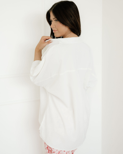 Wrenlee Plain 3/4 Batwing Sleeve Oversize Button Up Blouse - White